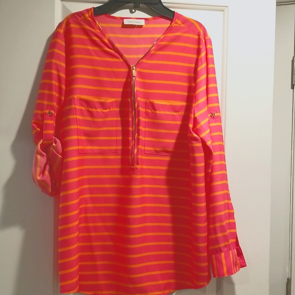 Calvin Klein Pink with Orange stripe blouse. Size Large.  New without tag